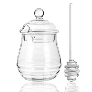 Clear Honey Jar with Dipper and Lid Borosilicate Glass Beehive, 8.4 Ounce Honey Pot Container Dispenser for Home Kitchen Store Honey and Syrup